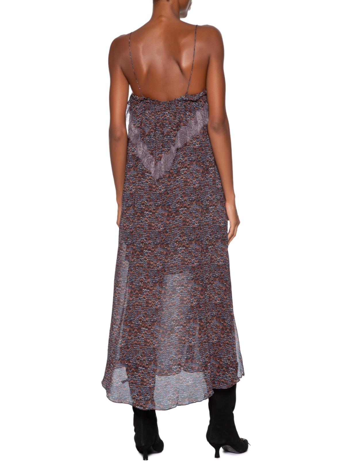 Vestido De Georgette Midi De Alça Estampado Detalhes De Renda Roxo Animale