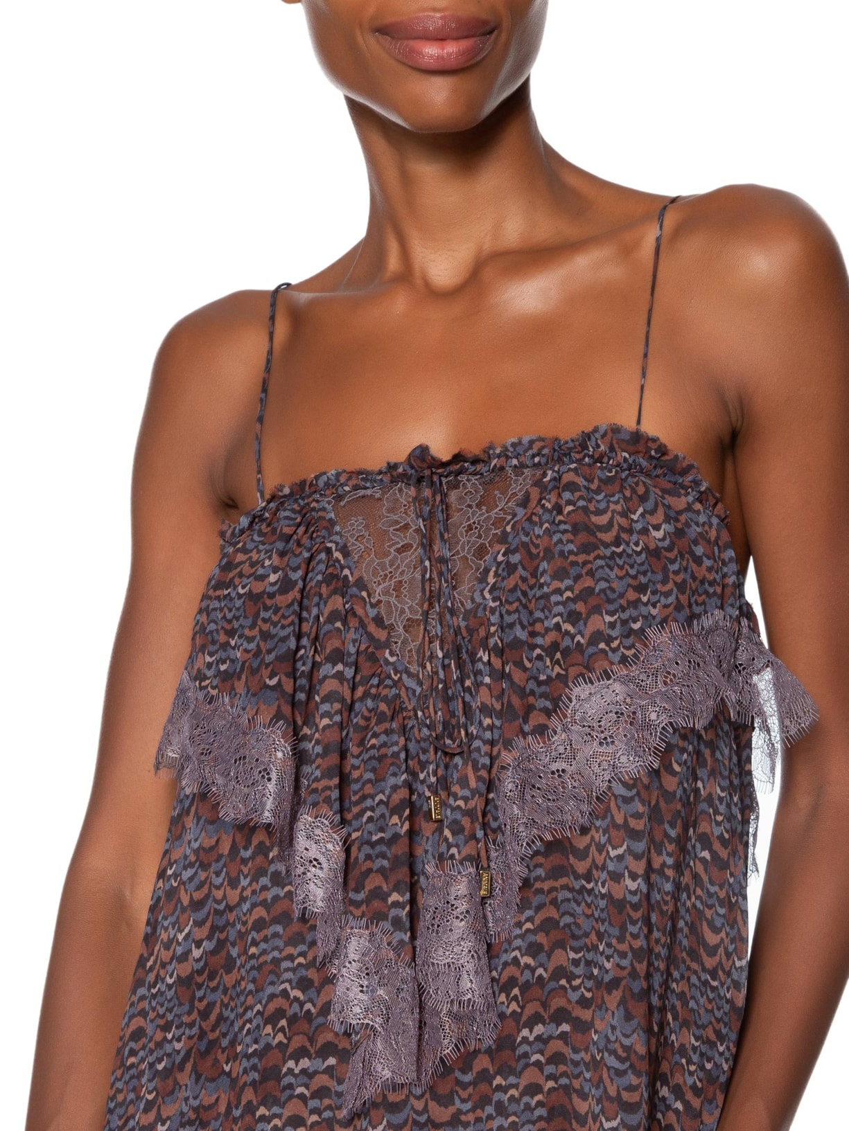 Vestido De Georgette Midi De Alça Estampado Detalhes De Renda Roxo Animale