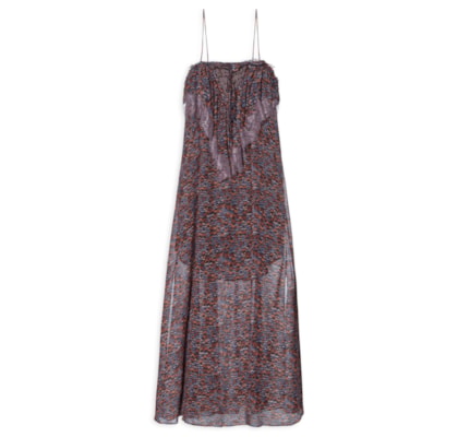 Vestido De Georgette Midi De Alça Estampado Detalhes De Renda - Roxo