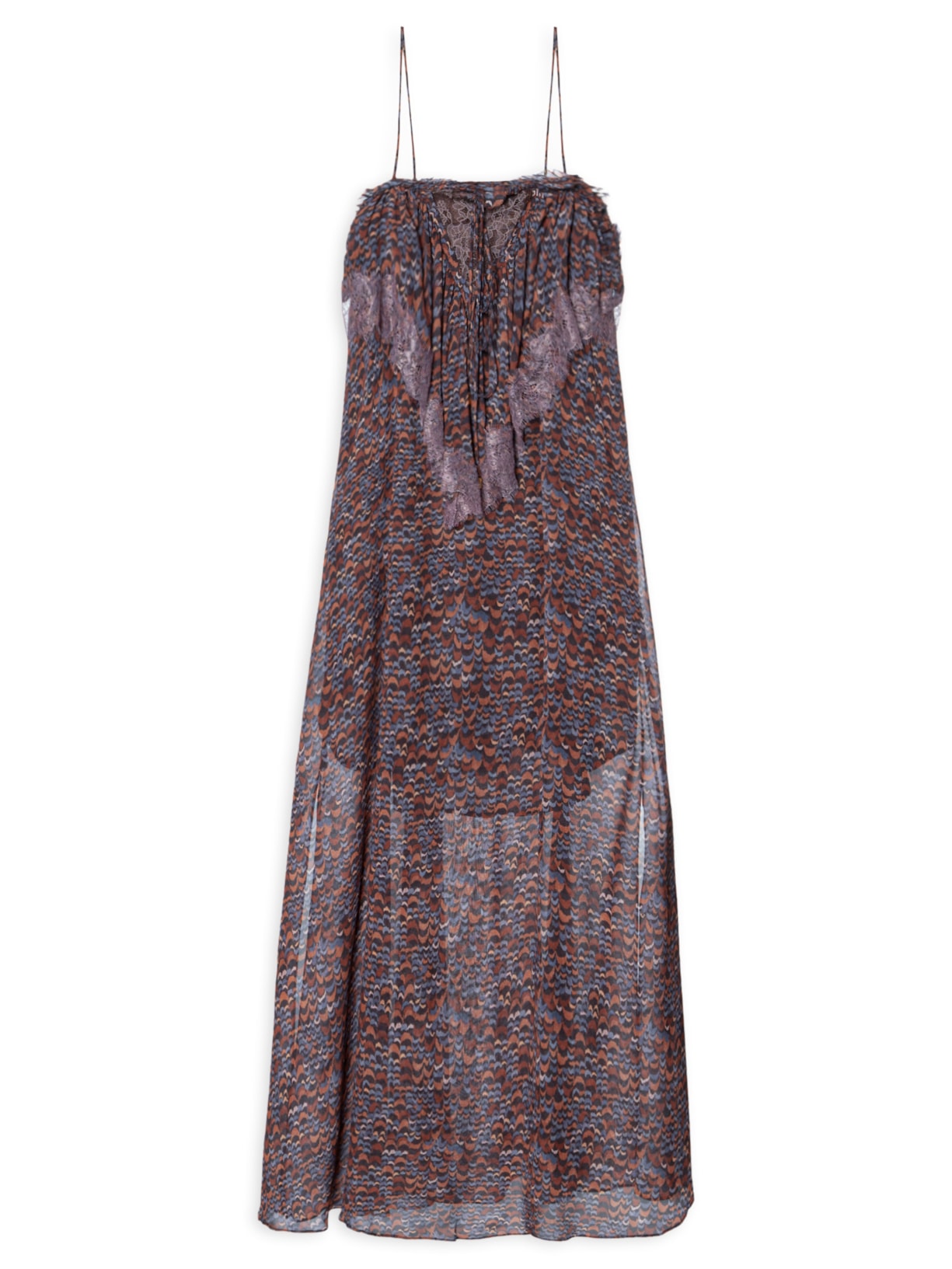Vestido De Georgette Midi De Alça Estampado Detalhes De Renda - Roxo