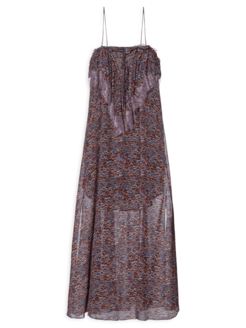 Vestido De Georgette Midi De Alça Estampado Detalhes De Renda - Roxo