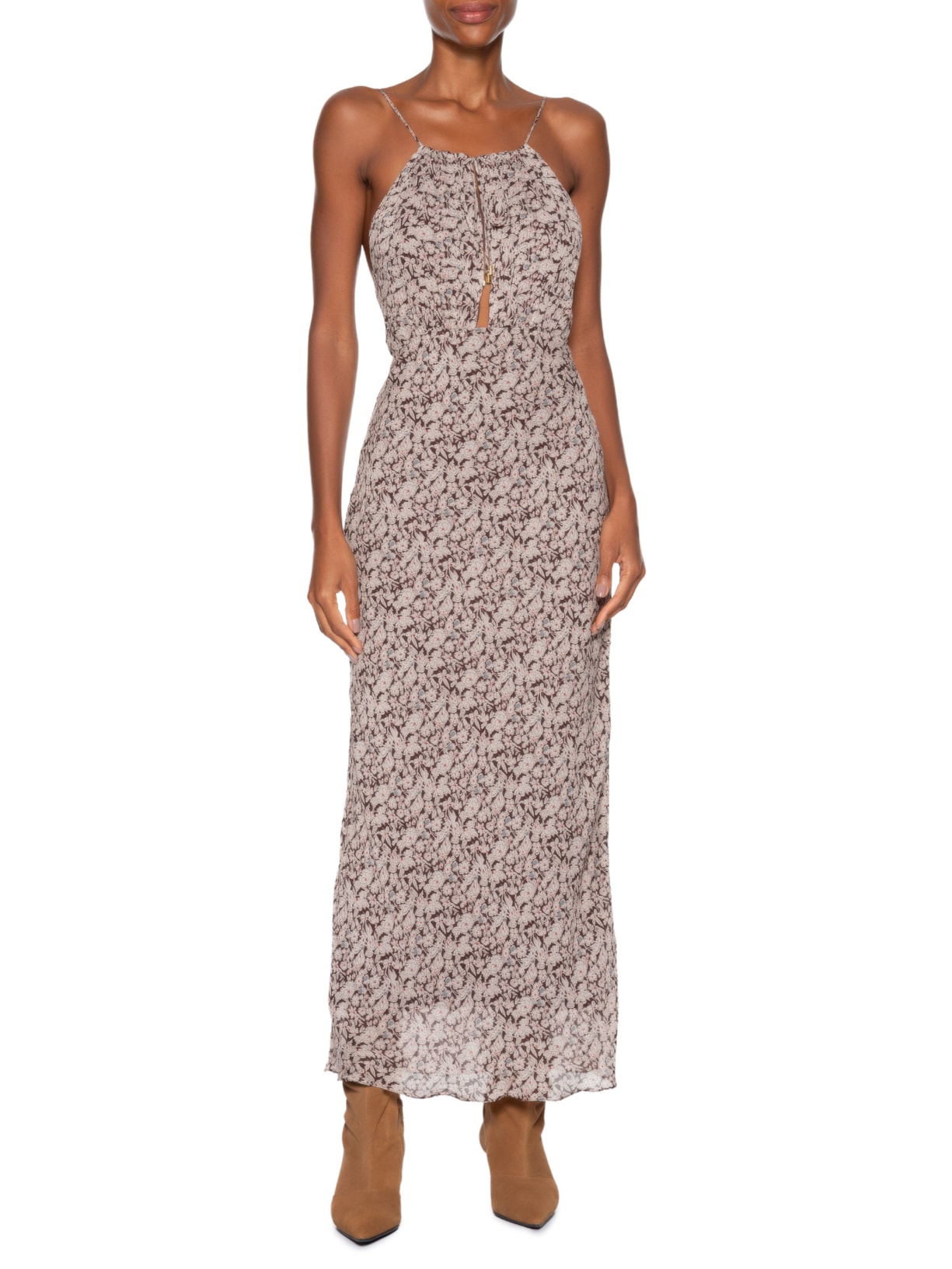 Vestido De Georgette Midi Decote Amarração Estampado Marrom Animale