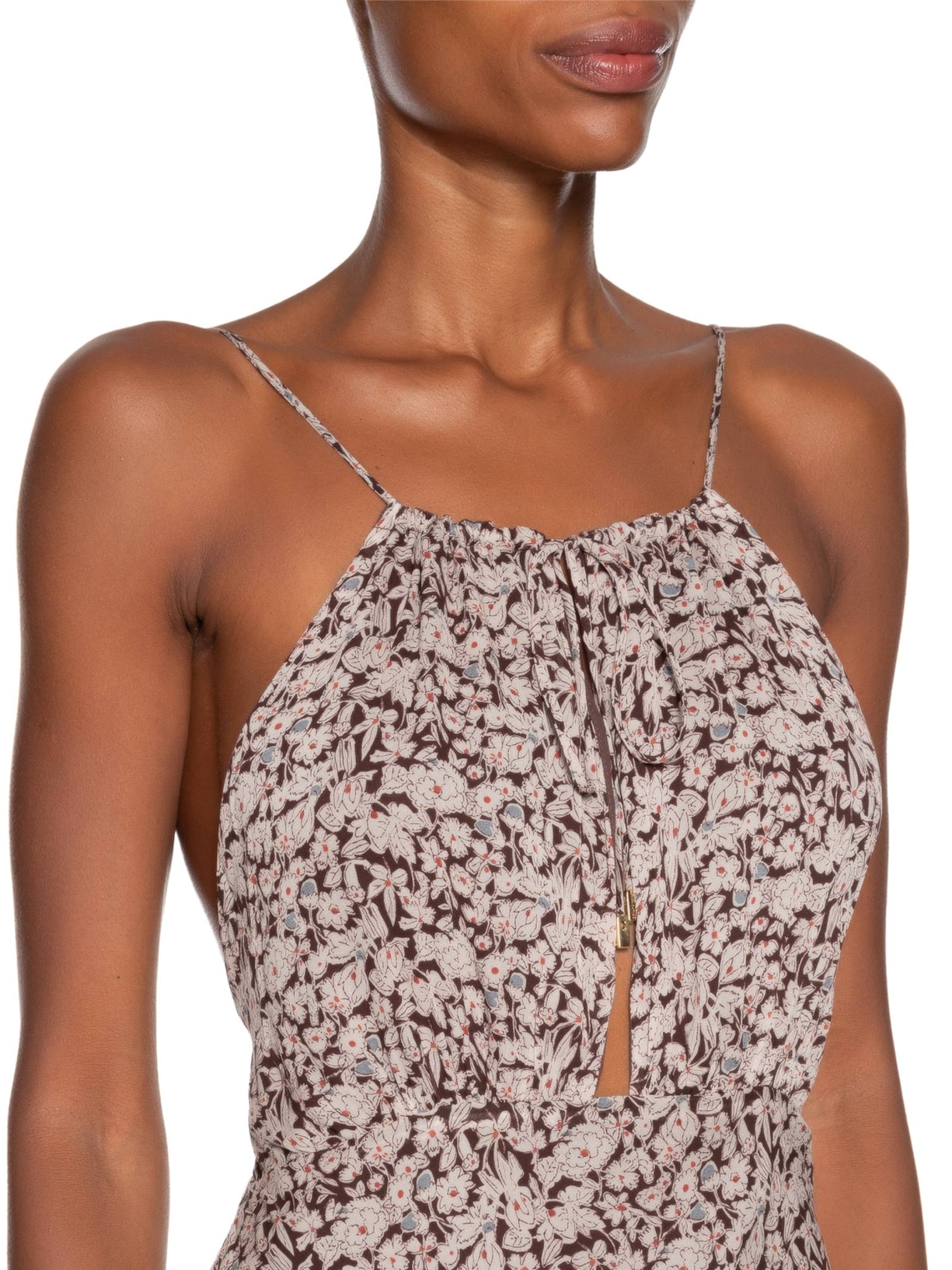 Vestido De Georgette Midi Decote Amarração Estampado Marrom Animale