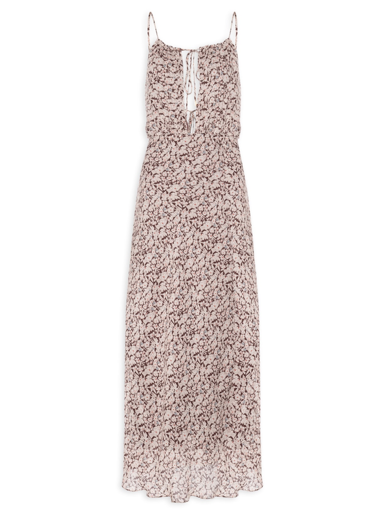 Vestido De Georgette Midi Decote Amarração Estampado Marrom Animale