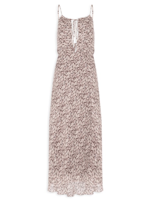 Vestido De Georgette Midi Decote Amarração Estampado - Marrom