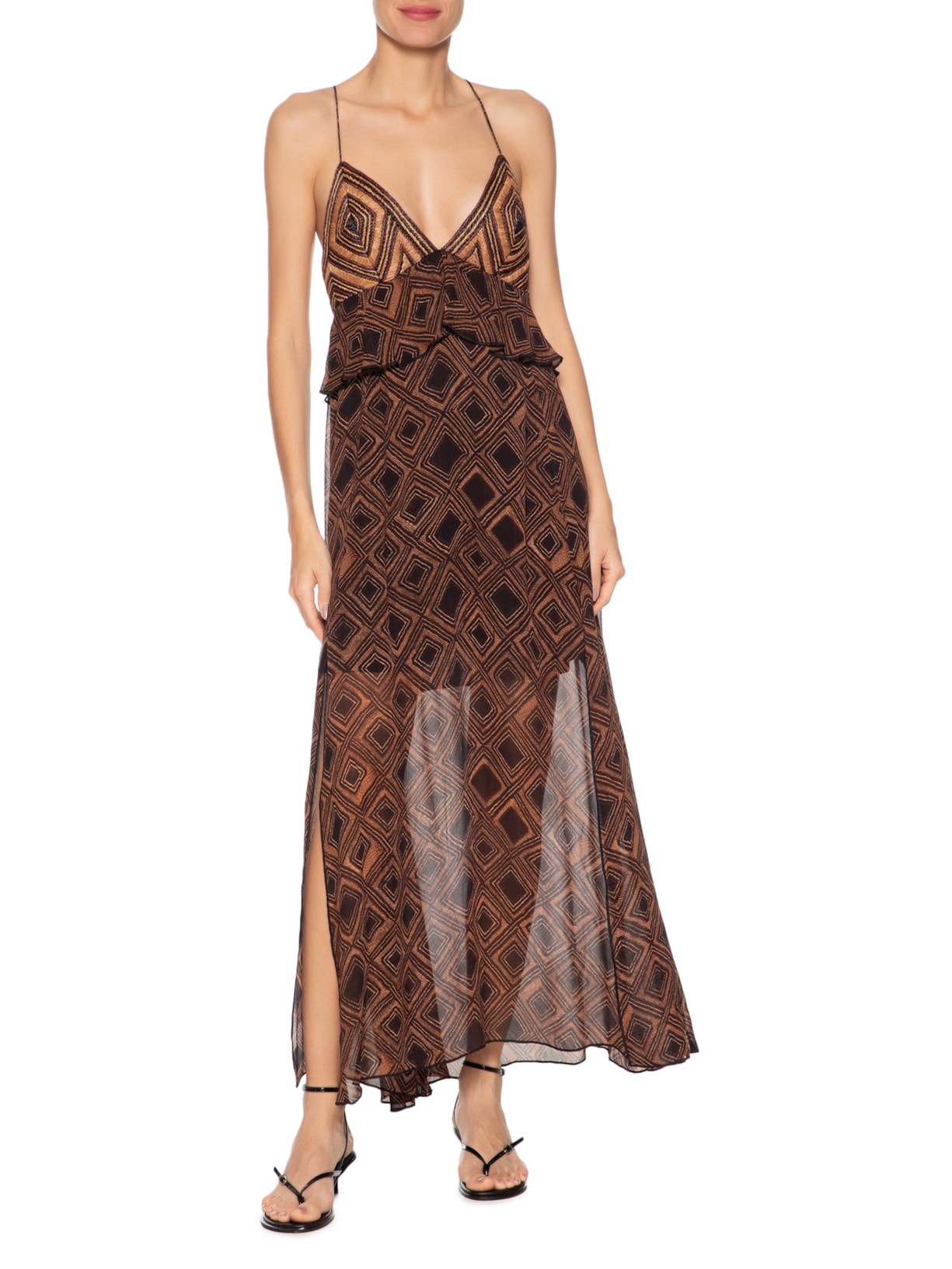 Vestido De Georgette Midi Estampa Textura Taipas Com Pala De Ráfia Marrom Animale