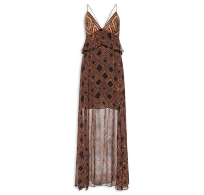 Vestido De Georgette Midi Estampa Textura Taipas Com Pala De Ráfia - Marrom