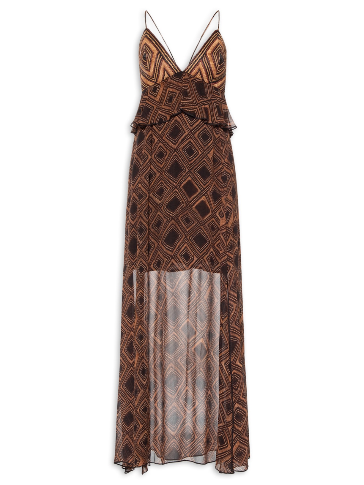 Vestido De Georgette Midi Estampa Textura Taipas Com Pala De Ráfia - Marrom
