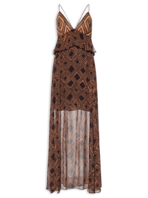 Vestido De Georgette Midi Estampa Textura Taipas Com Pala De Ráfia - Marrom