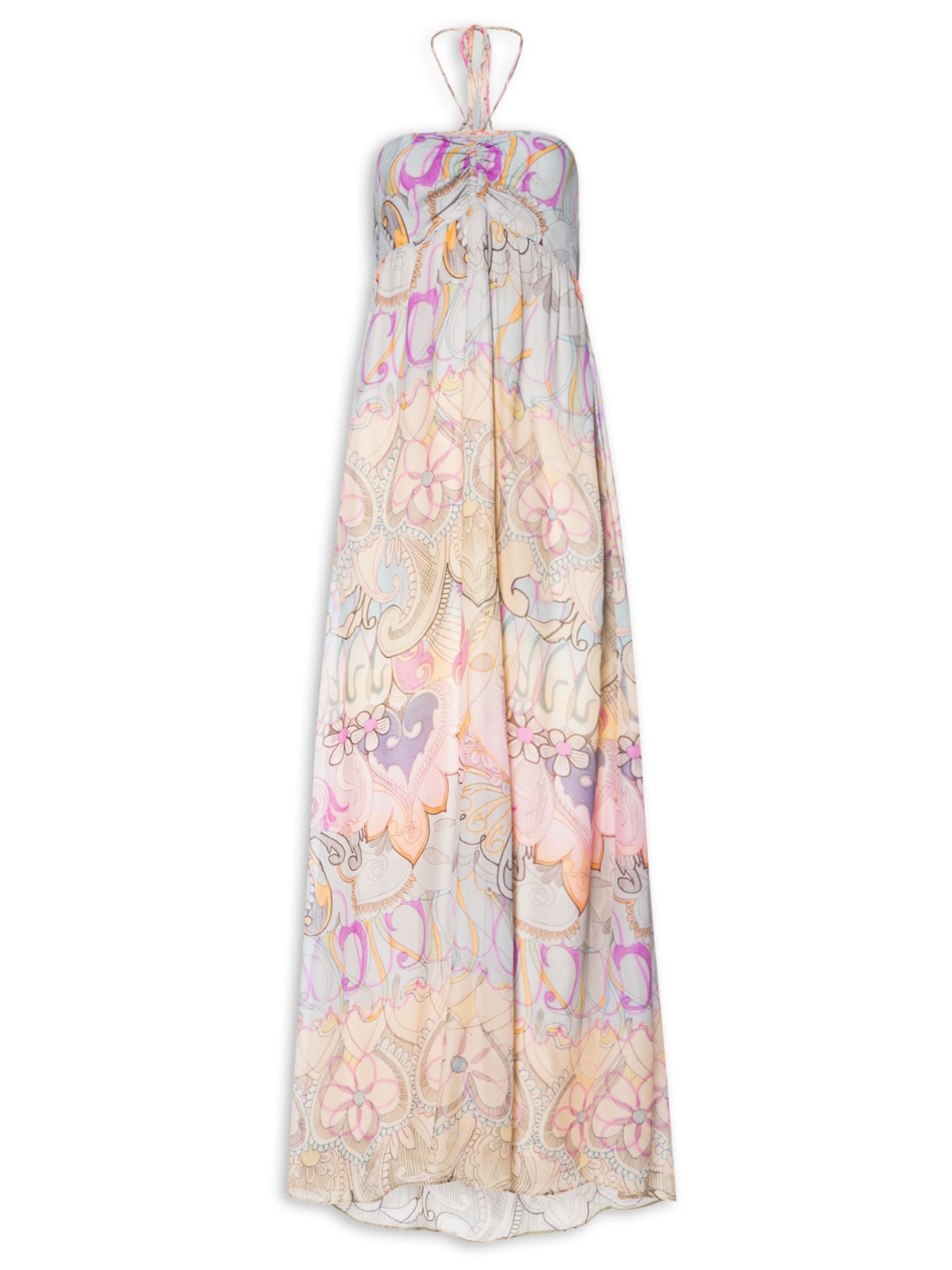 Vestido De Georgette Midi Estampada Busto Franzido - Rosa