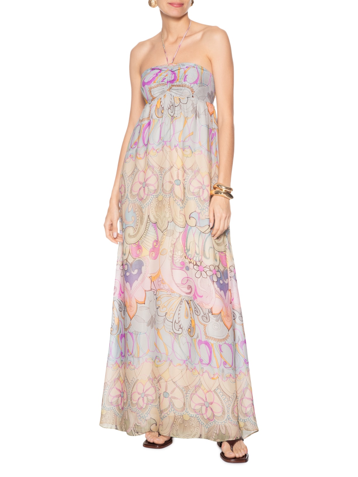 Vestido De Georgette Midi Estampada Busto Franzido Rosa Animale