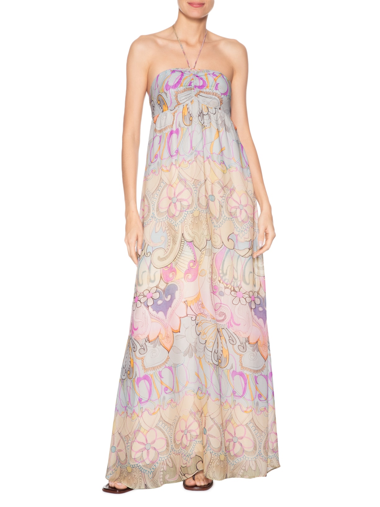 Vestido De Georgette Midi Estampada Busto Franzido Rosa Animale