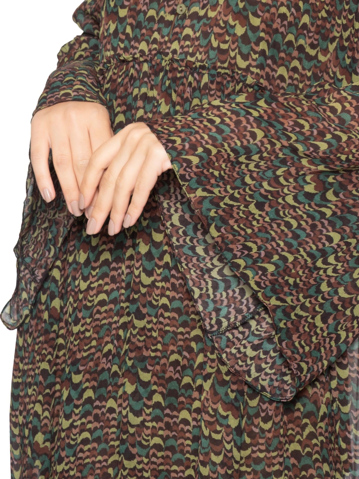 Vestido de Georgette Midi  Estampado Fenda Lateral Verde Animale
