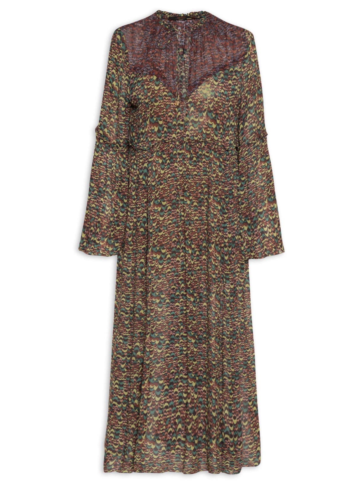 Vestido de Georgette Midi  Estampado Fenda Lateral Verde Animale