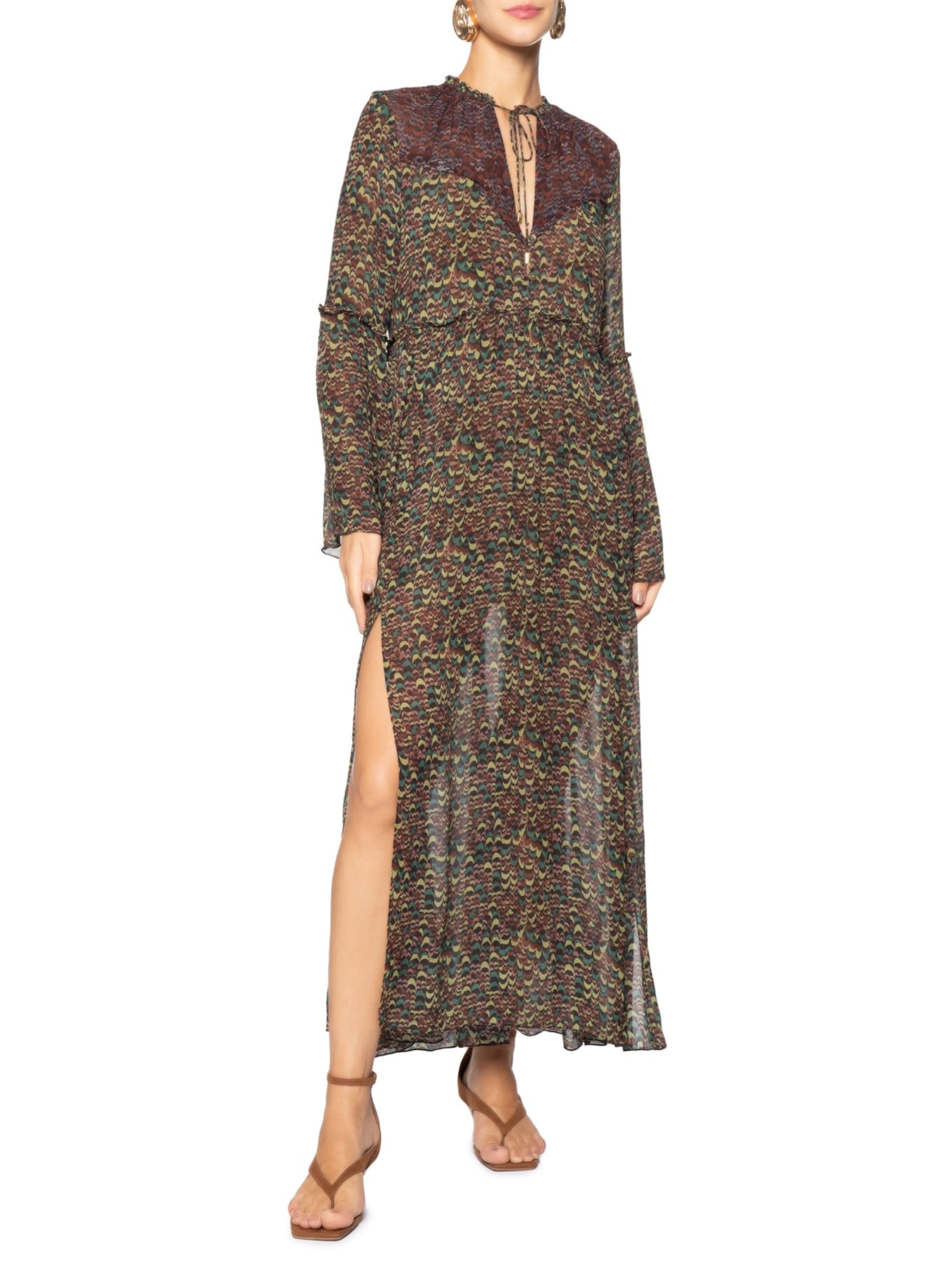 Vestido de Georgette Midi  Estampado Fenda Lateral Verde Animale