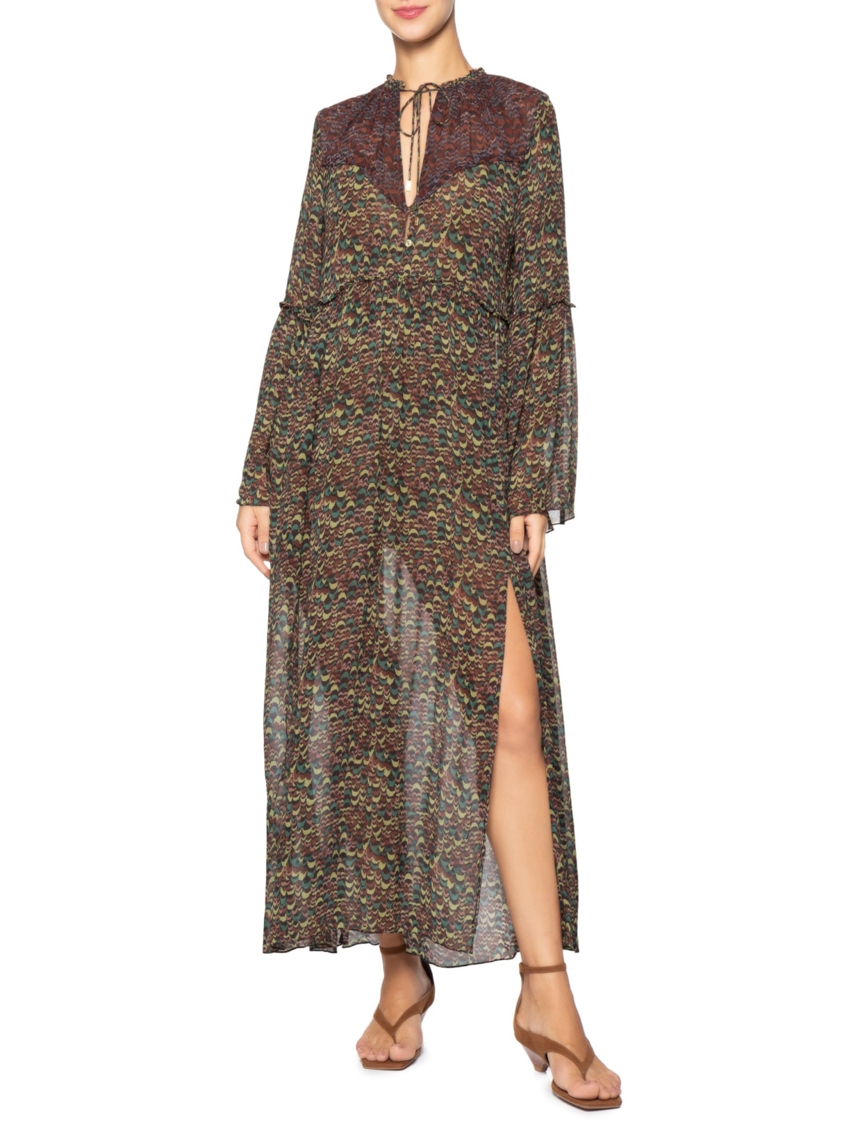 Vestido de Georgette Midi  Estampado Fenda Lateral Verde Animale