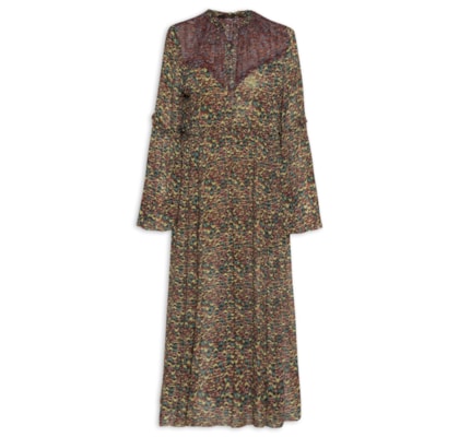 Vestido De Georgette Midi Manga Longa Estampado Fenda Lateral  - Verde