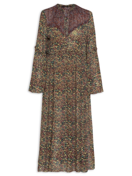 Vestido De Georgette Midi Manga Longa Estampado Fenda Lateral - Verde
