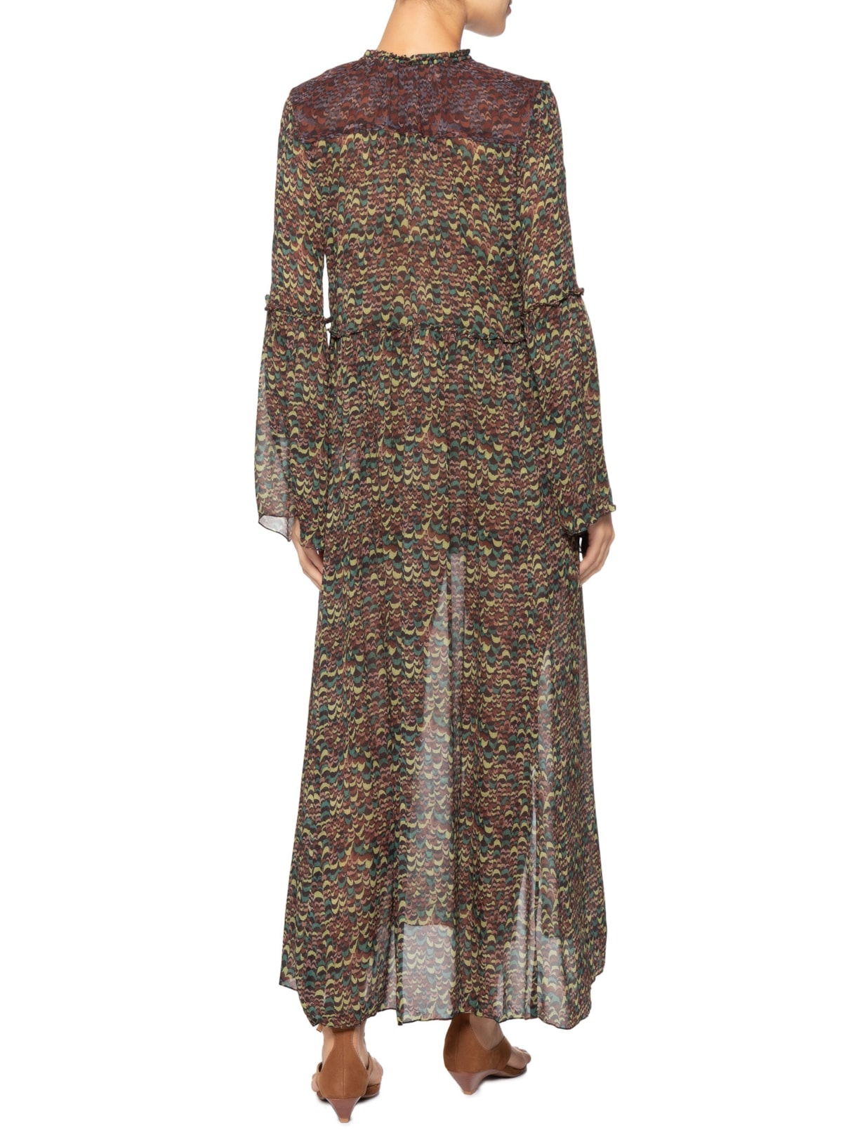 Vestido De Georgette Midi Manga Longa Estampado Fenda Lateral  Verde Animale