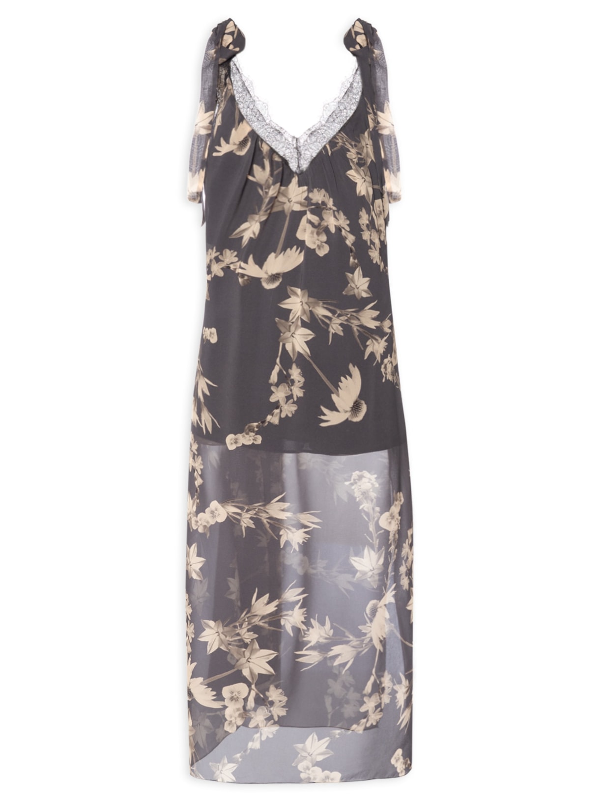 Vestido De Georgette Midi Renda Aplicada Estampado Preto Animale
