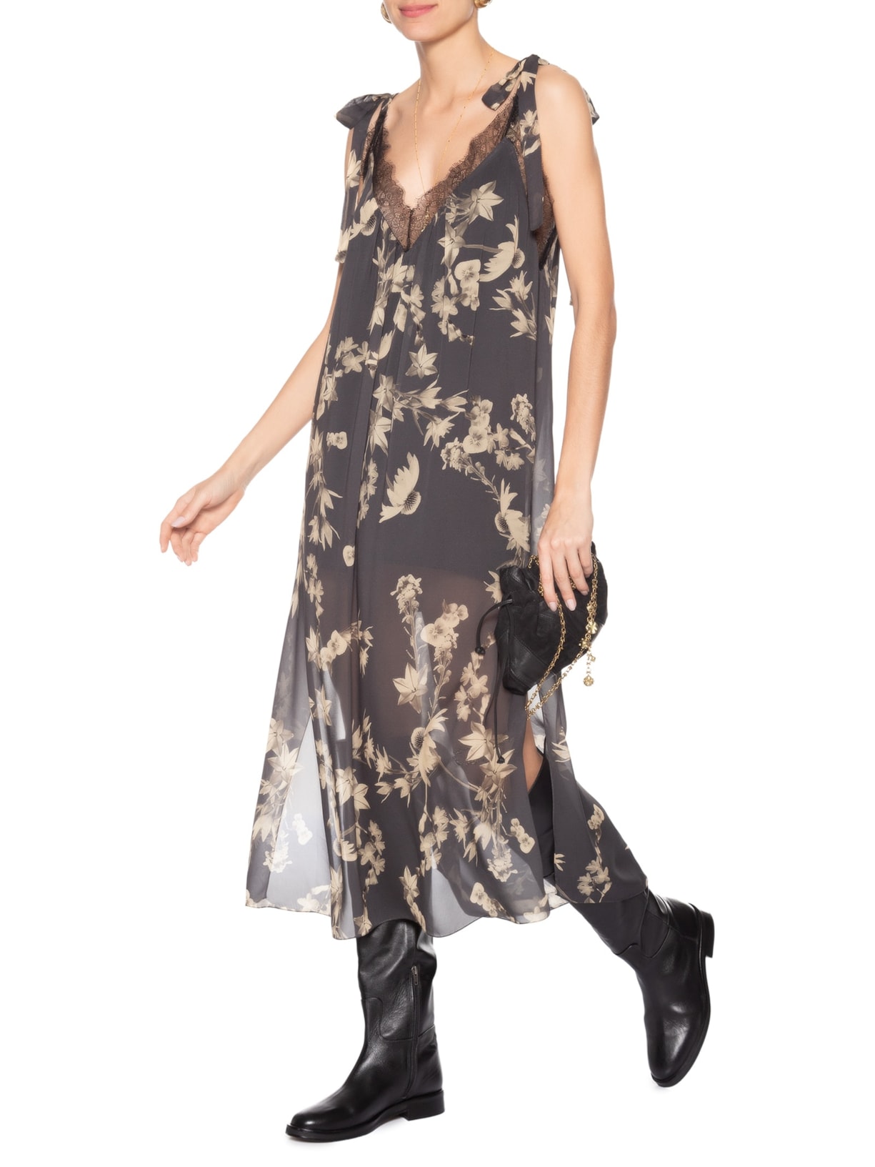 Vestido De Georgette Midi Renda Aplicada Estampado Preto Animale