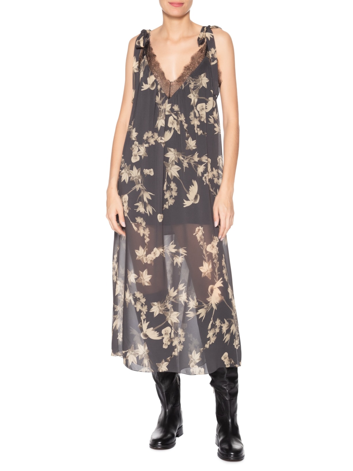 Vestido De Georgette Midi Renda Aplicada Estampado Preto Animale