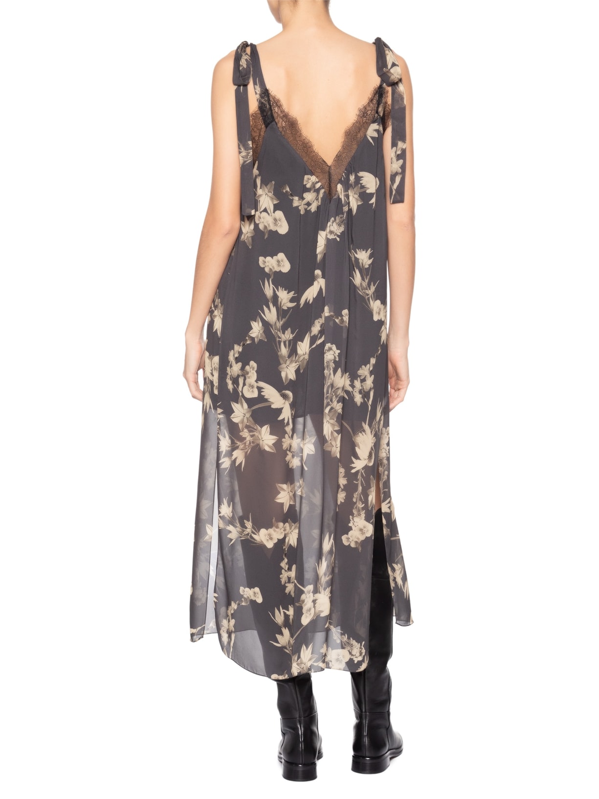 Vestido De Georgette Midi Renda Aplicada Estampado Preto Animale