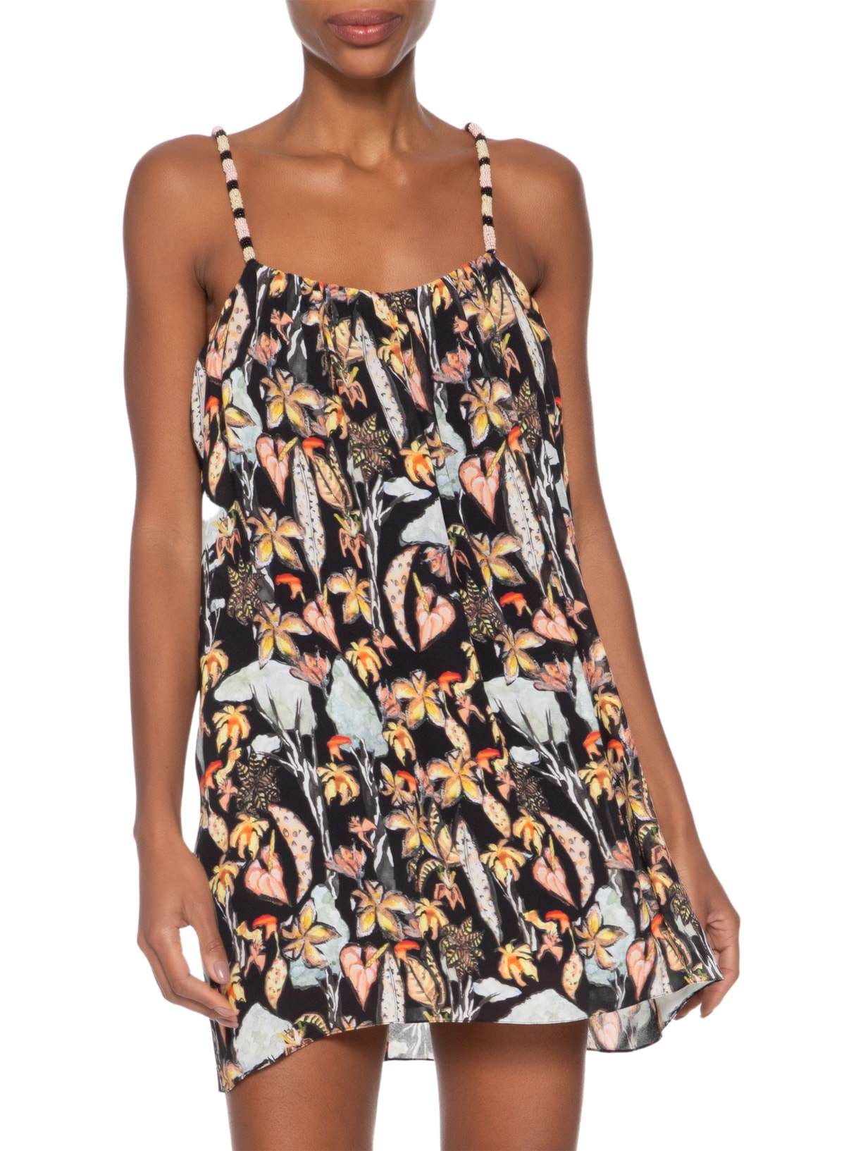 Vestido De Georgette Pesado Mini Alça Bordada Estampado Preto Animale