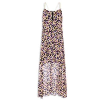 Vestido De Gerogette Longo Recorte Com Vivos Estampa Liberty - Rosa