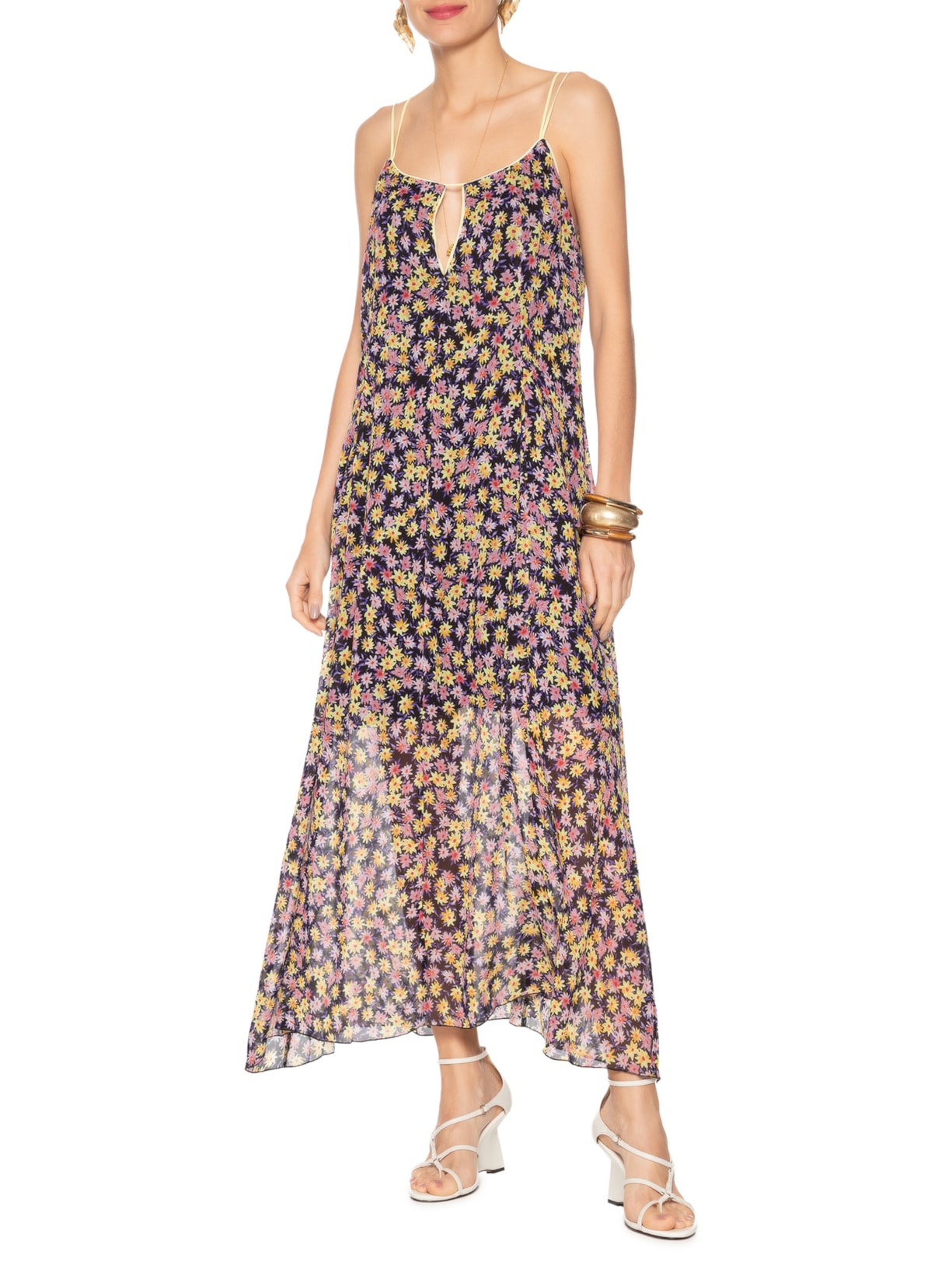 Vestido De Gerogette Longo Recorte Com Vivos Estampa Liberty Rosa Animale