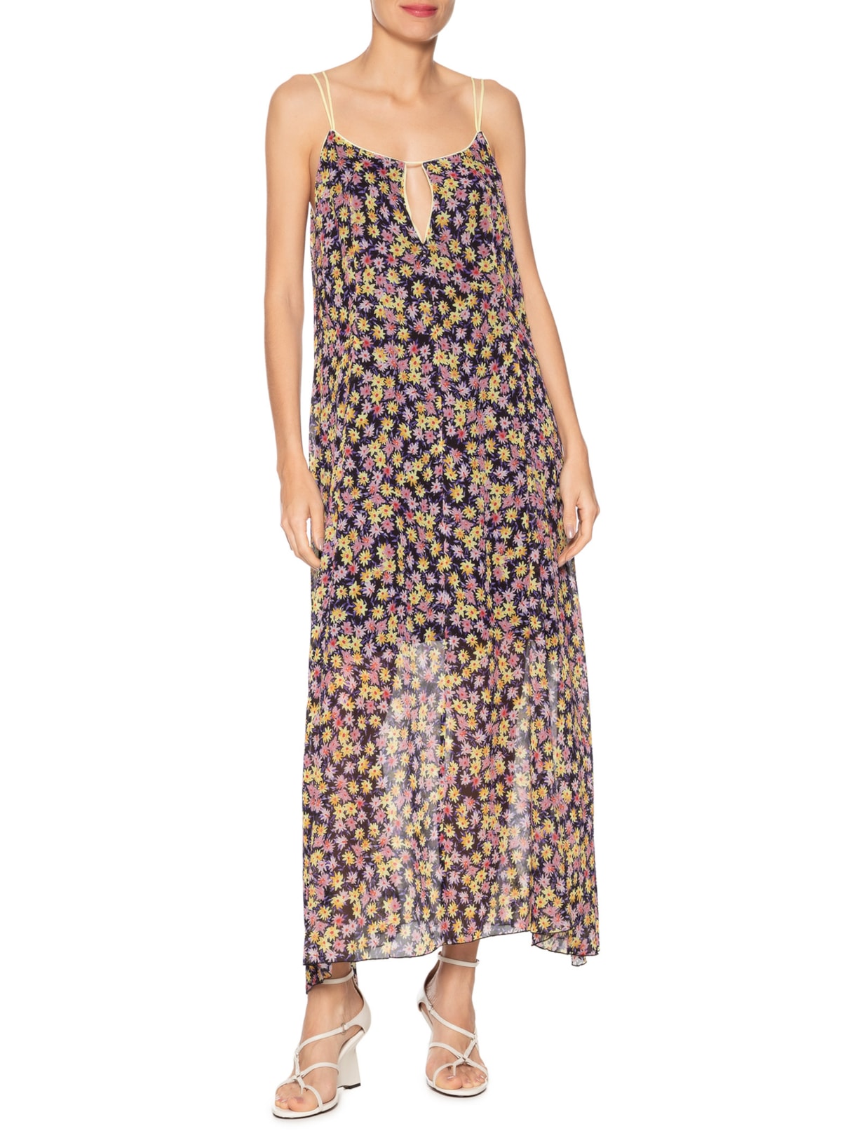 Vestido De Gerogette Longo Recorte Com Vivos Estampa Liberty Rosa Animale