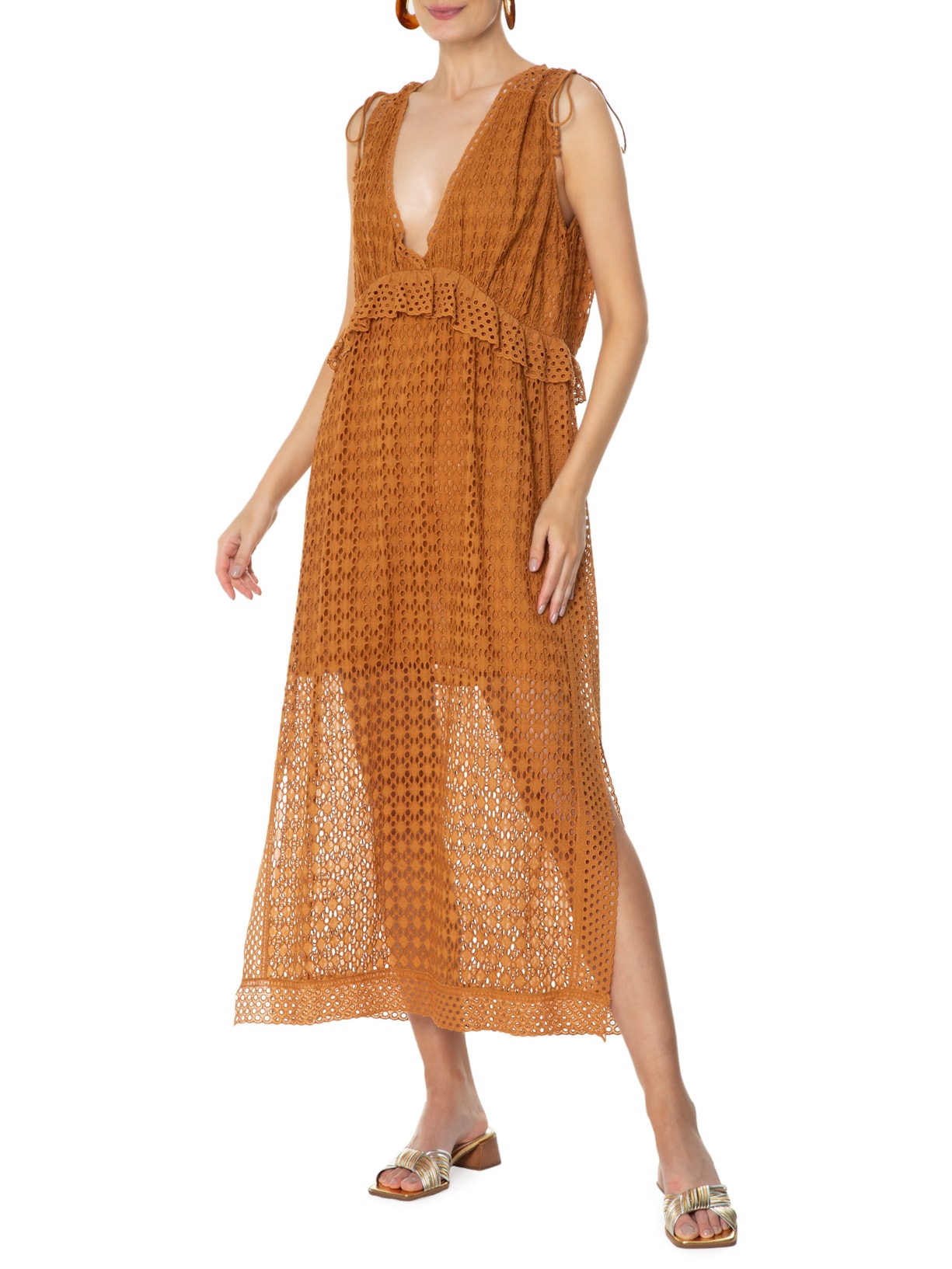 Vestido De Laise Midi Esferas Marrom Animale