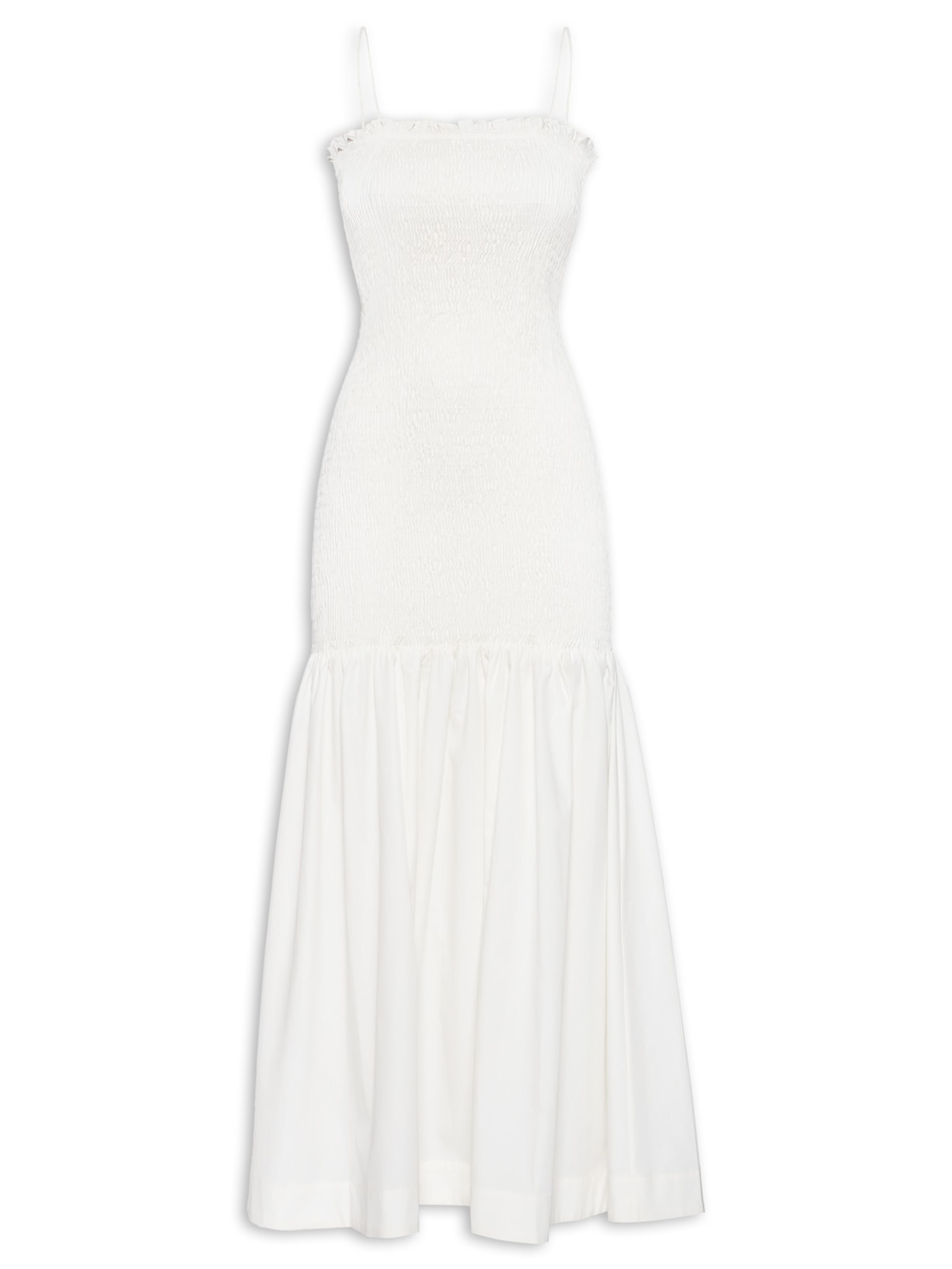 Vestido De Lastex Midi Com Babado - Off White