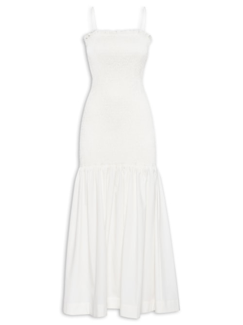 Vestido De Lastex Midi Com Babado - Off White