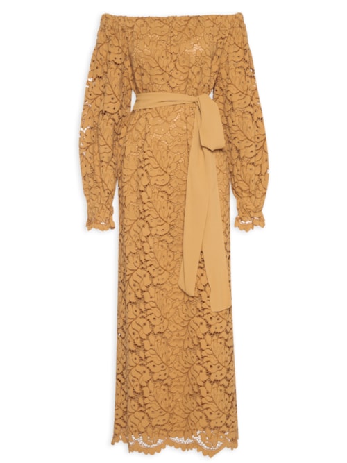 Vestido De Renda Ombro A Ombro Nó - Marrom