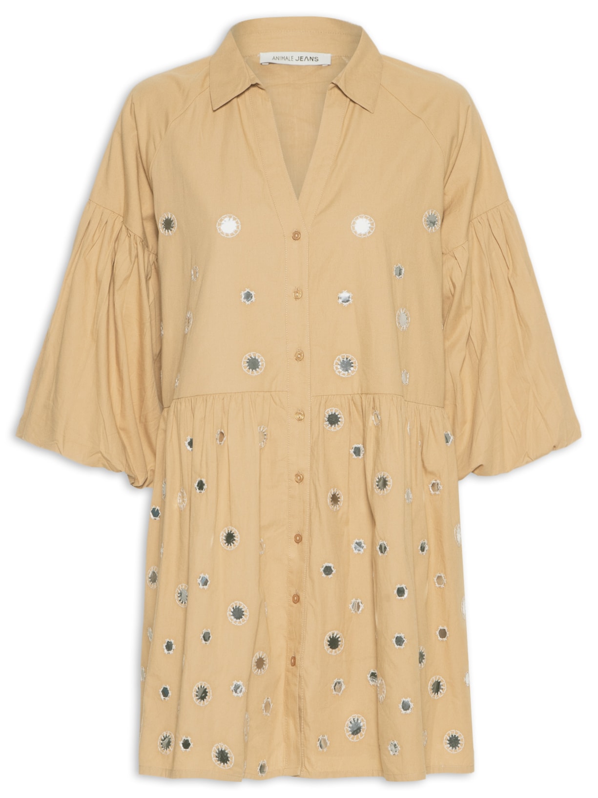 Vestido De Tricoline Bordado - Marrom