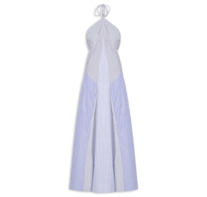 Vestido De Tricoline Mix Listras - Azul