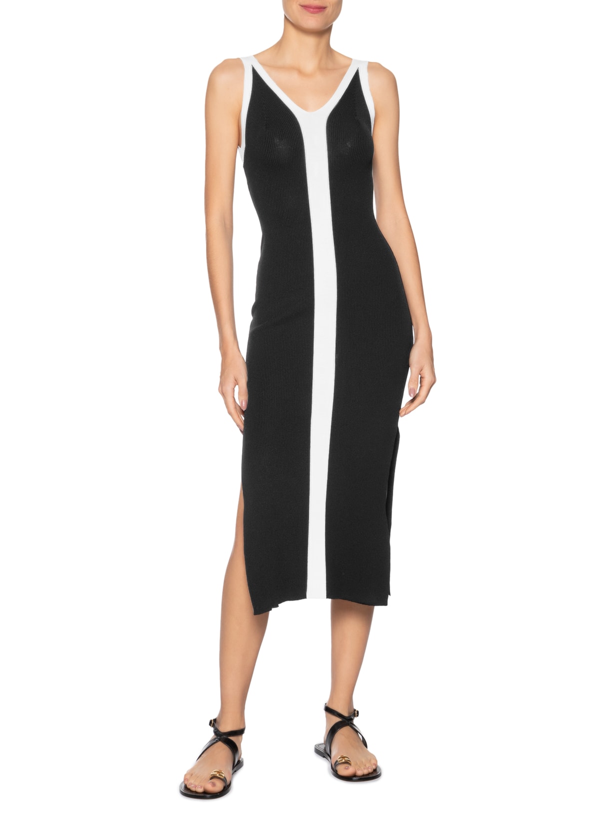 Vestido De Tricot Bicolor Com Decote V Preto Animale