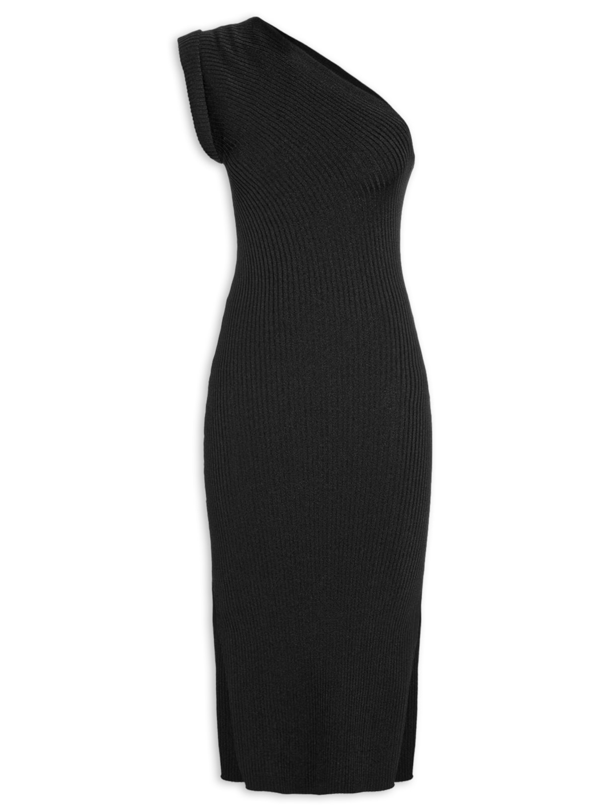 Vestido De Tricot Canelado Midi Um Ombro Só - Preto