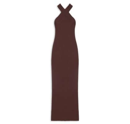Vestido De Tricot Com Decote Cruzado - Marrom