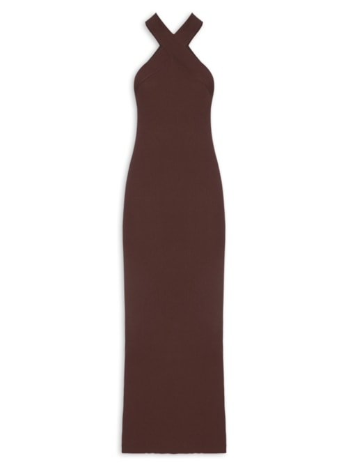 Vestido De Tricot Com Decote Cruzado - Marrom