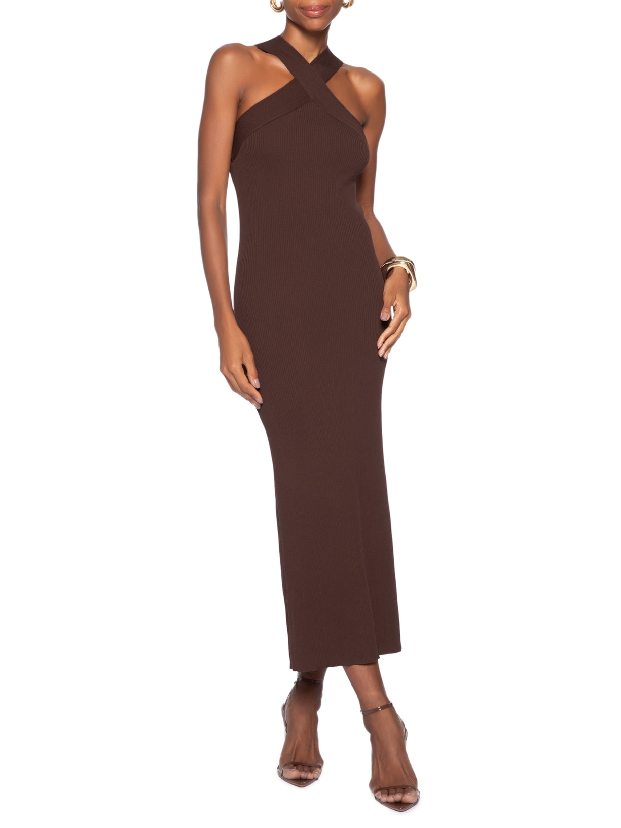 Vestido De Tricot Com Decote Cruzado Marrom Animale