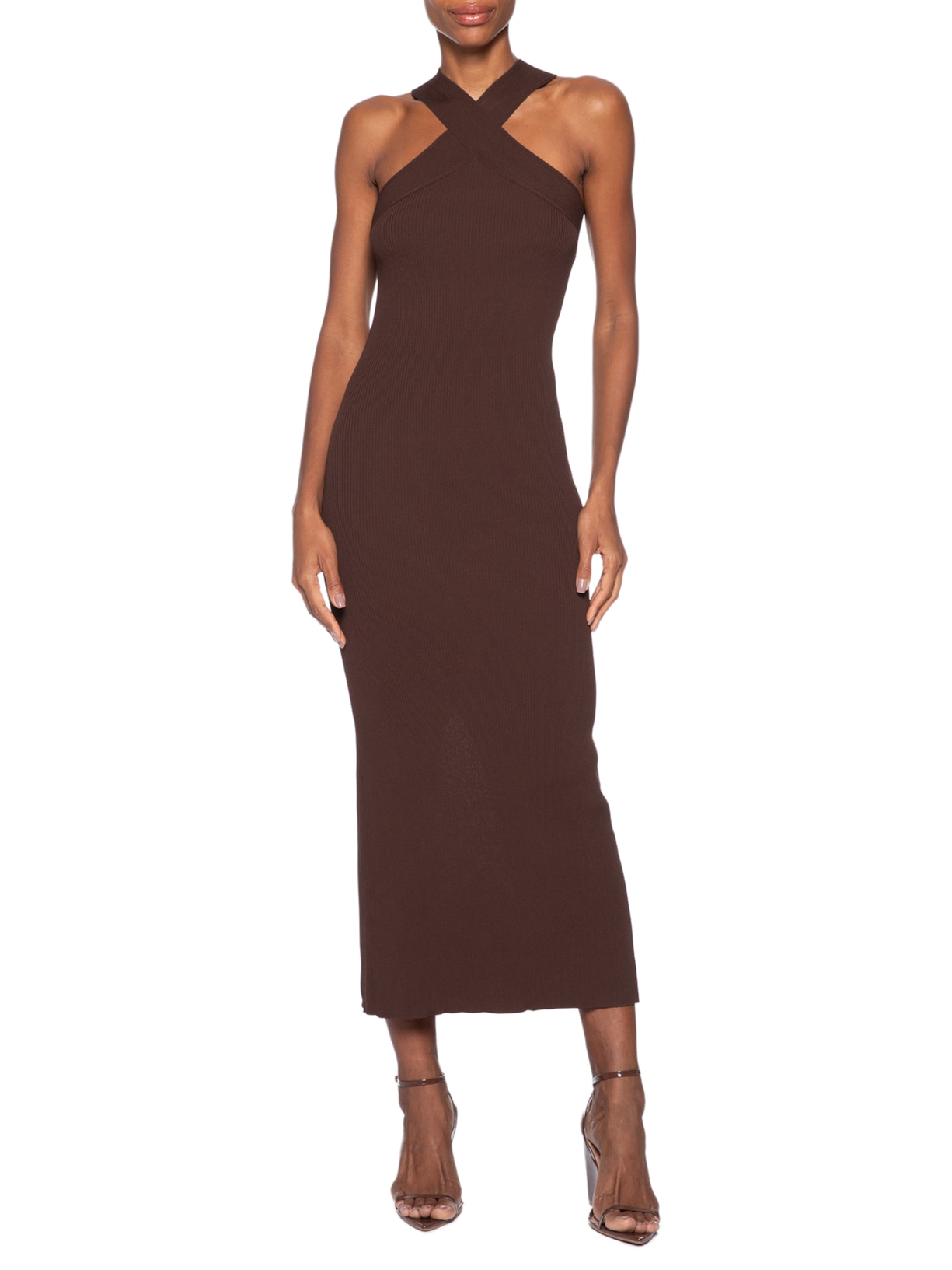 Vestido De Tricot Com Decote Cruzado Marrom Animale