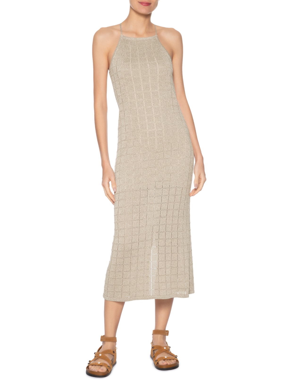 Vestido de Tricot Com Luréx Frente Única Bege Animale Jeans