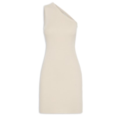 Vestido De Tricot Com Lurex Um Ombro Só - Bege