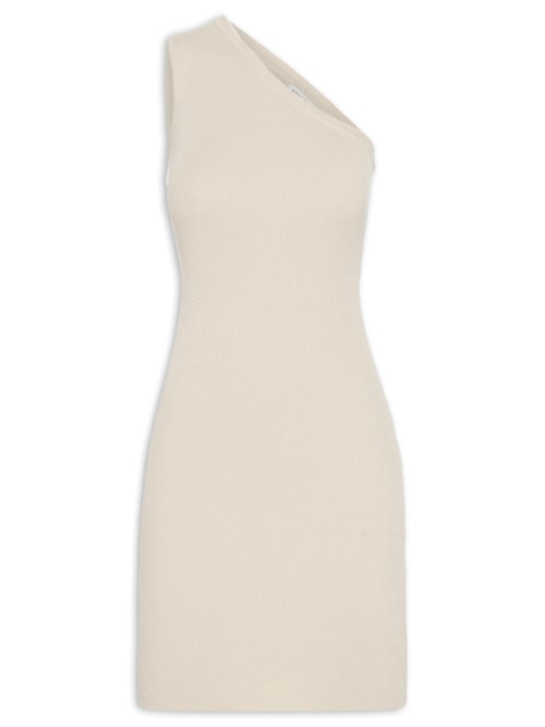 Vestido De Tricot Com Lurex Um Ombro Só - Bege