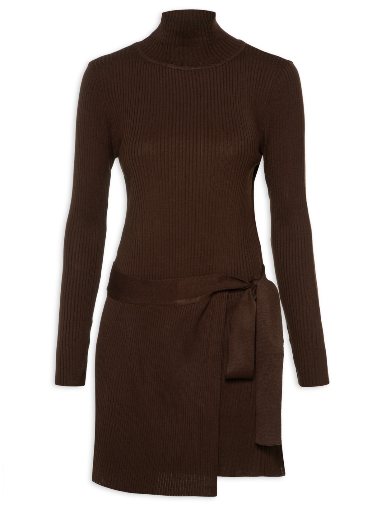 Vestido De Tricot Com Sobre Saia - Marrom