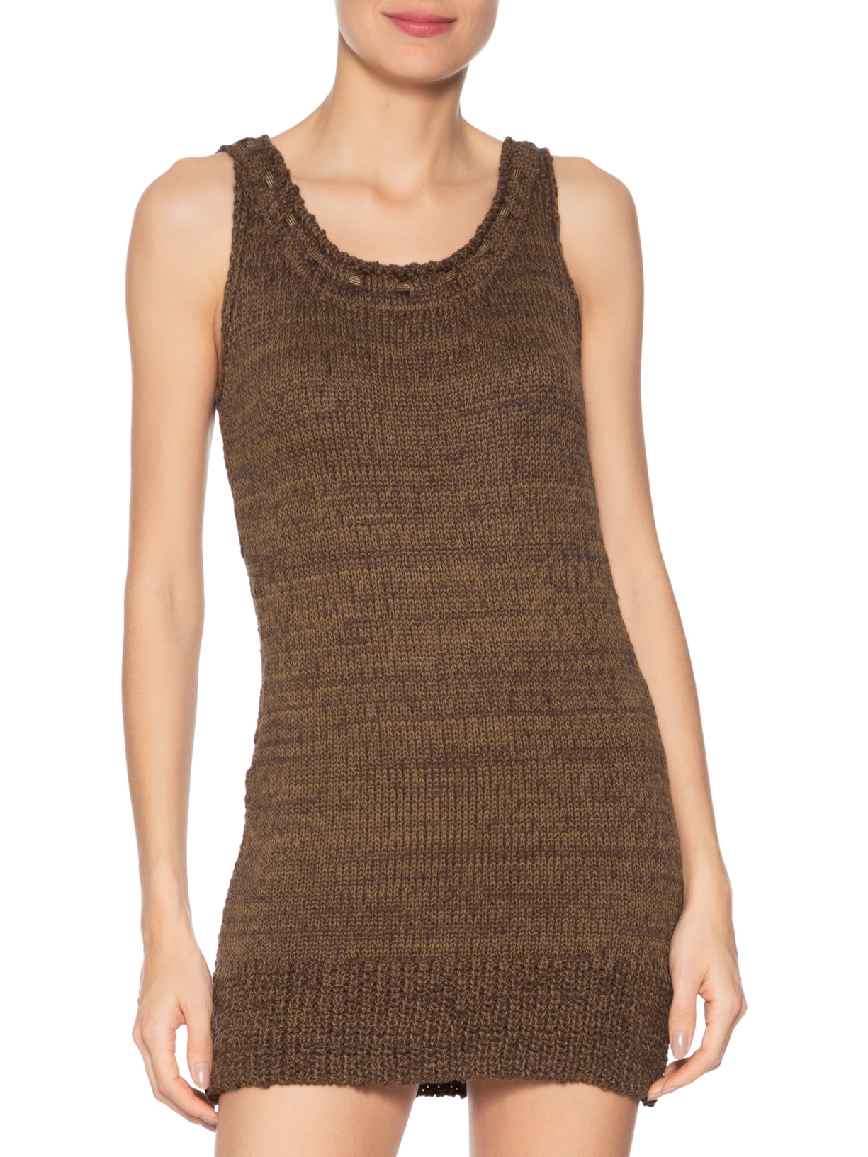 Vestido De Tricot Curto Decote Detalhe Corda Com Hot Pants -Marrom Animale