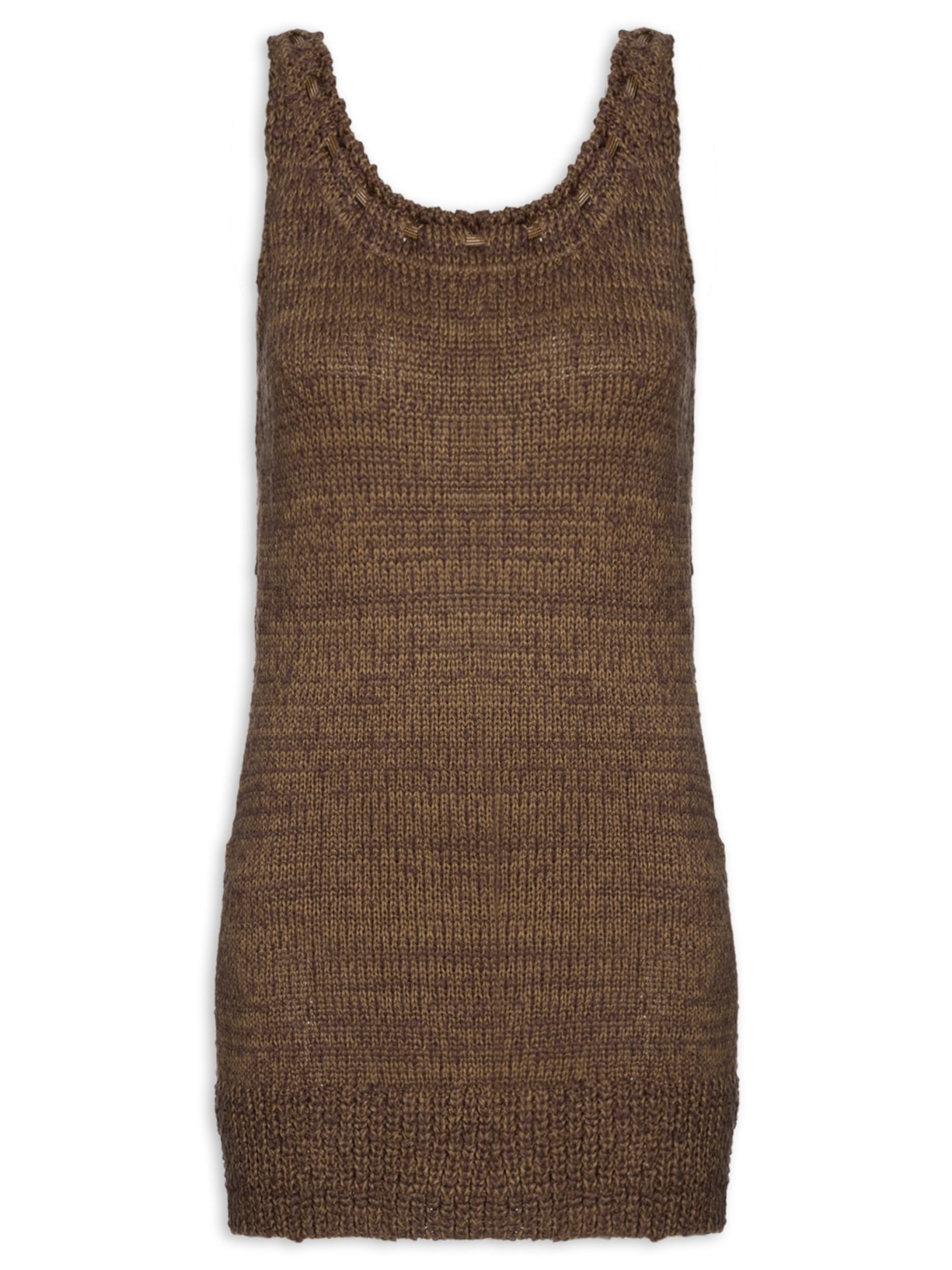 Vestido De Tricot Curto Decote Detalhe Corda Com Hot Pants -Marrom