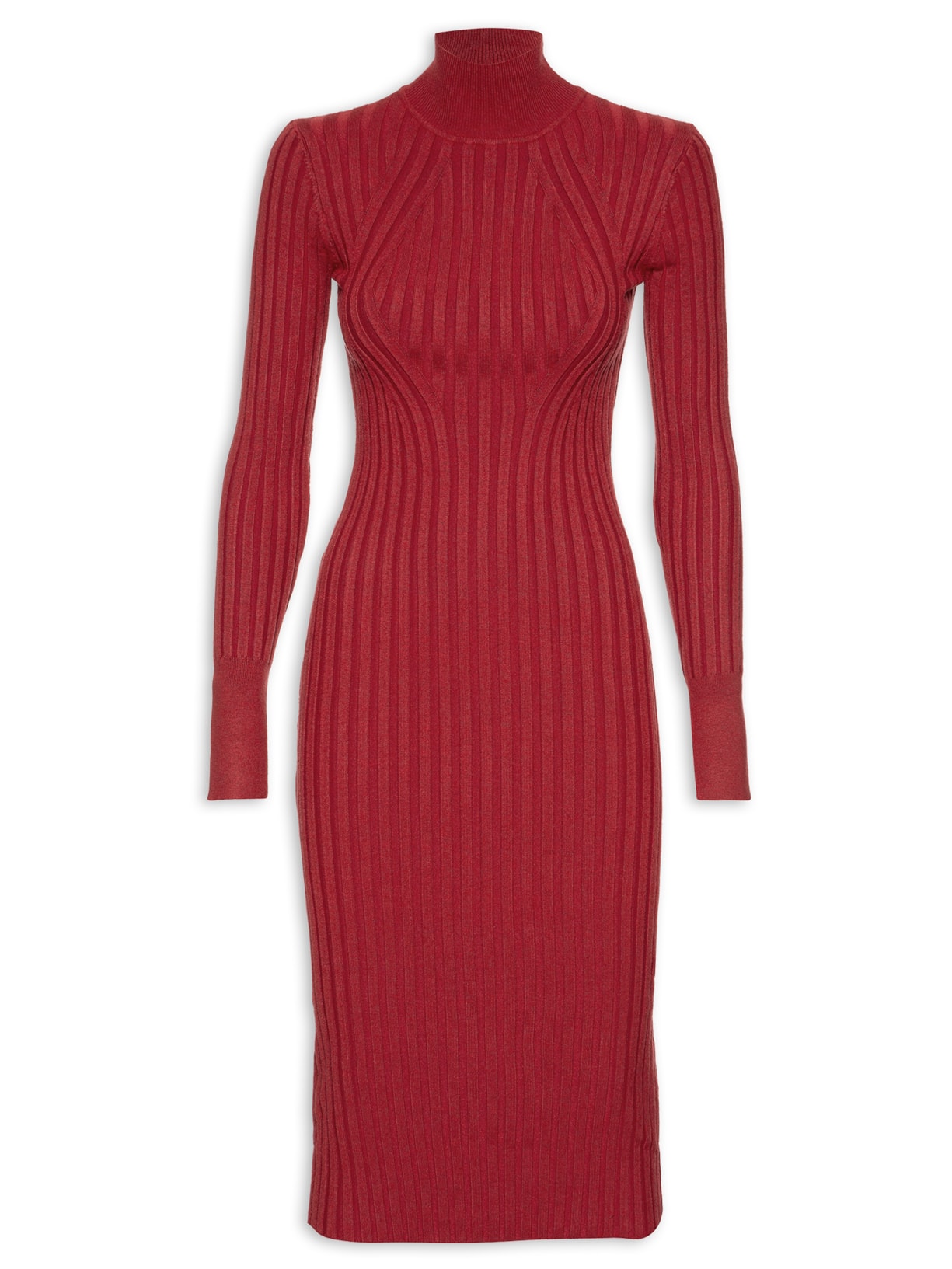 Vestido De Tricot Manga Longa Liso - Vermelho